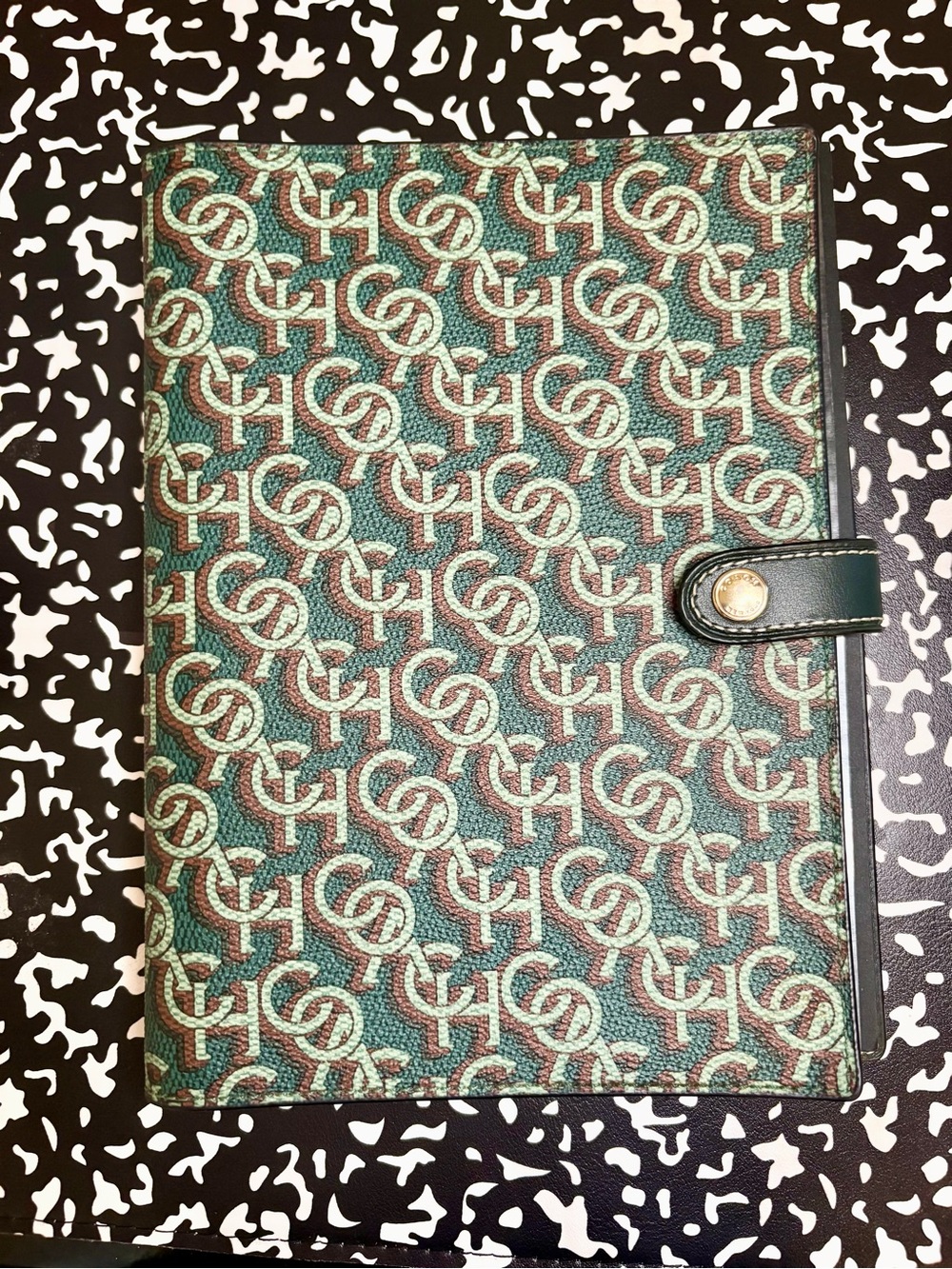Coach CF461 Monogram Print Notebook Journal Green Leather Snap Cover